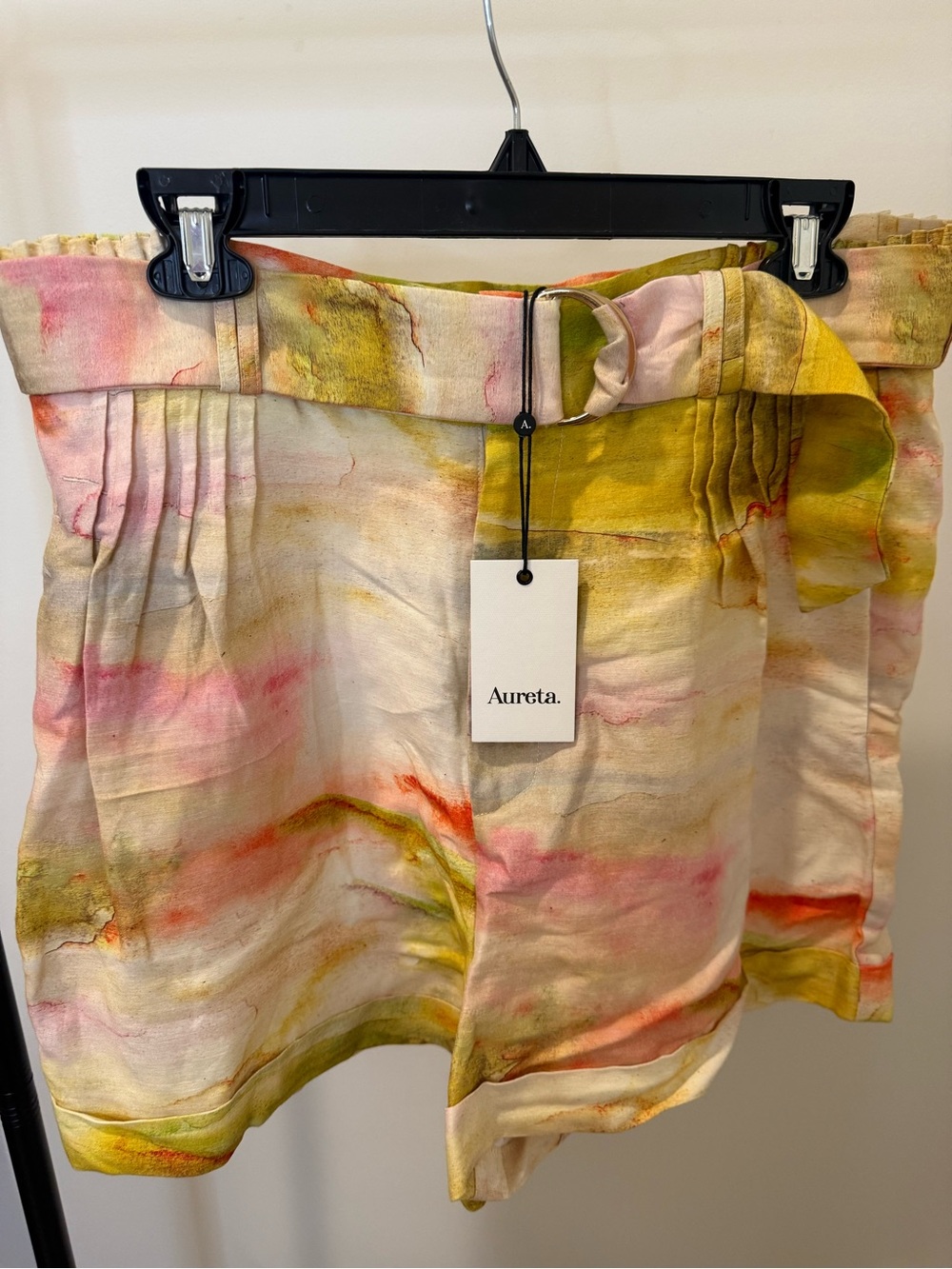 Women's Watercolor Print Belted Shorts in Pastel Yellow-Pink-Gold